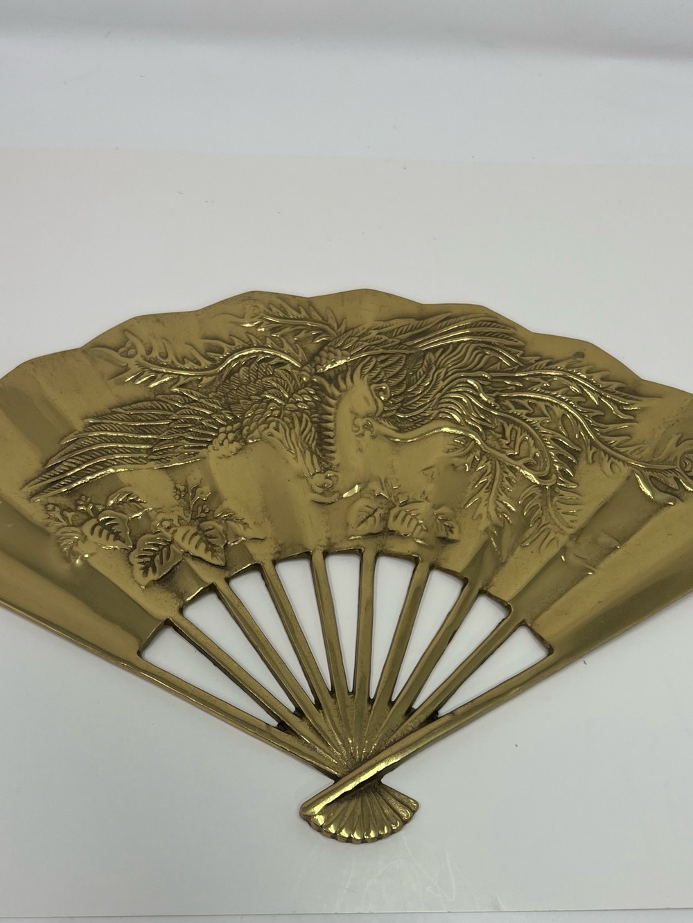 Vintage Solid Brass Oriental Asian Style Hand Fan Raised Phoenix Dragon Wall